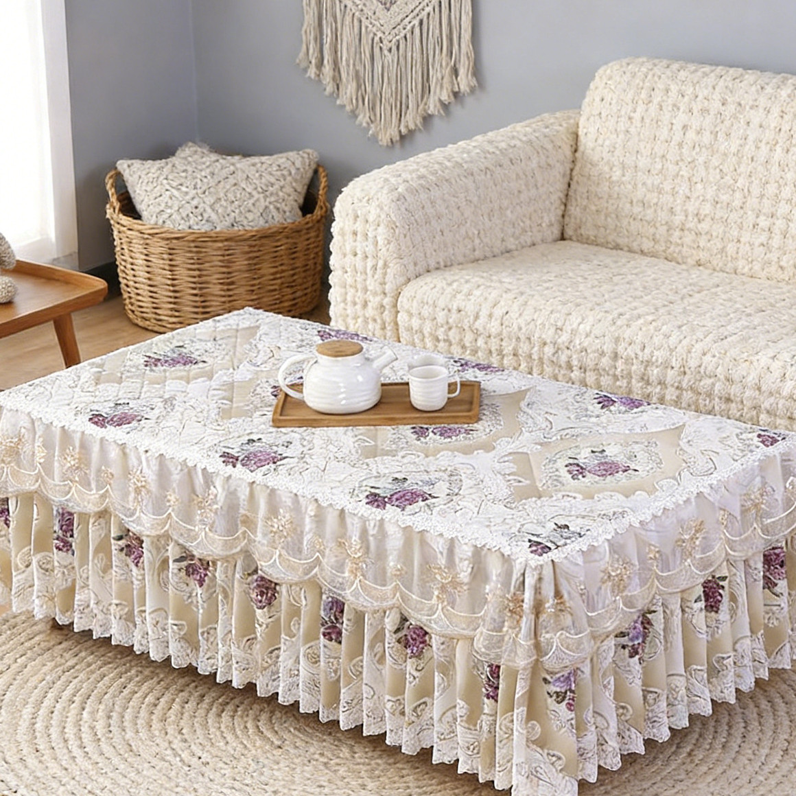 长方形欧式布艺套蕾丝花边防滑加厚餐桌茶几垫防尘保护罩家用客厅,居家布艺,茶几垫,淘宝优惠券,粉丝福利购,淘宝优惠卷