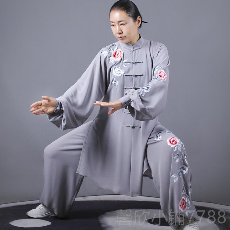 正品马功蕾太极夏季新中长款男太极拳服色女式表演比赛服款飘白逸