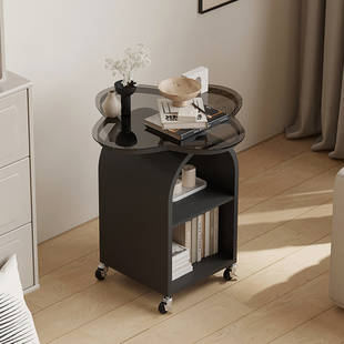 诧寂风可移动黑色沙发边几客厅带轮小茶几简约轻奢高级感简易边桌