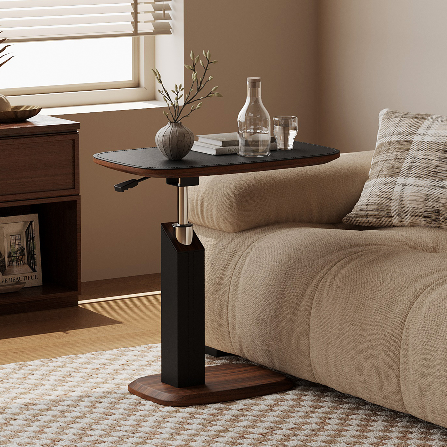 祖赛中古风马鞍皮可移动升降边几