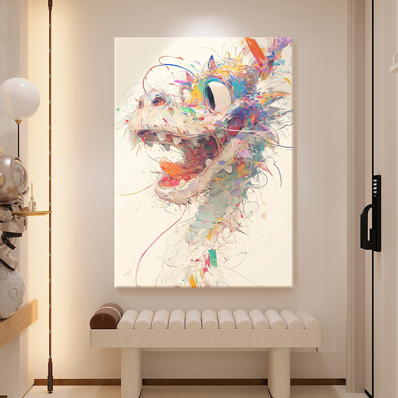 彩色可爱中国龙奶油风装饰画客厅玄关餐厅挂画小众抽象艺术挂画图片