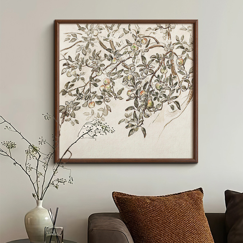 平平安安 中古风线稿苹果树装饰画玄关斗柜高级感新中式卧室挂画图片