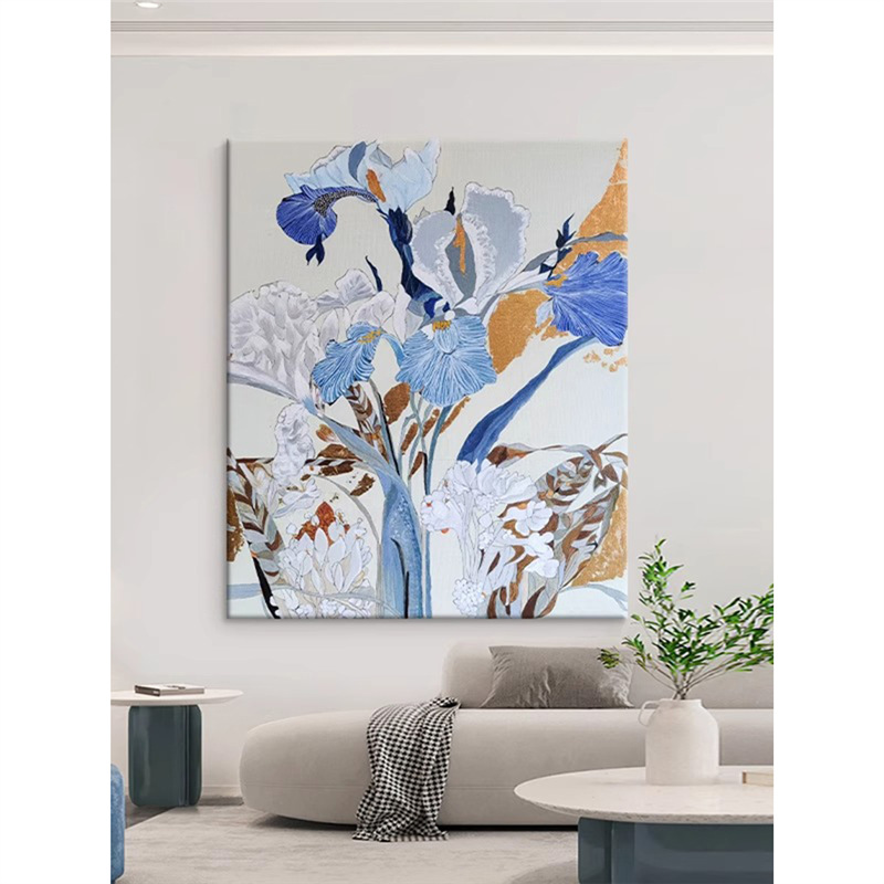 蓝色鸢尾花现代简约花卉装饰画卧室床头客厅沙发玄关肌理感挂壁画图片