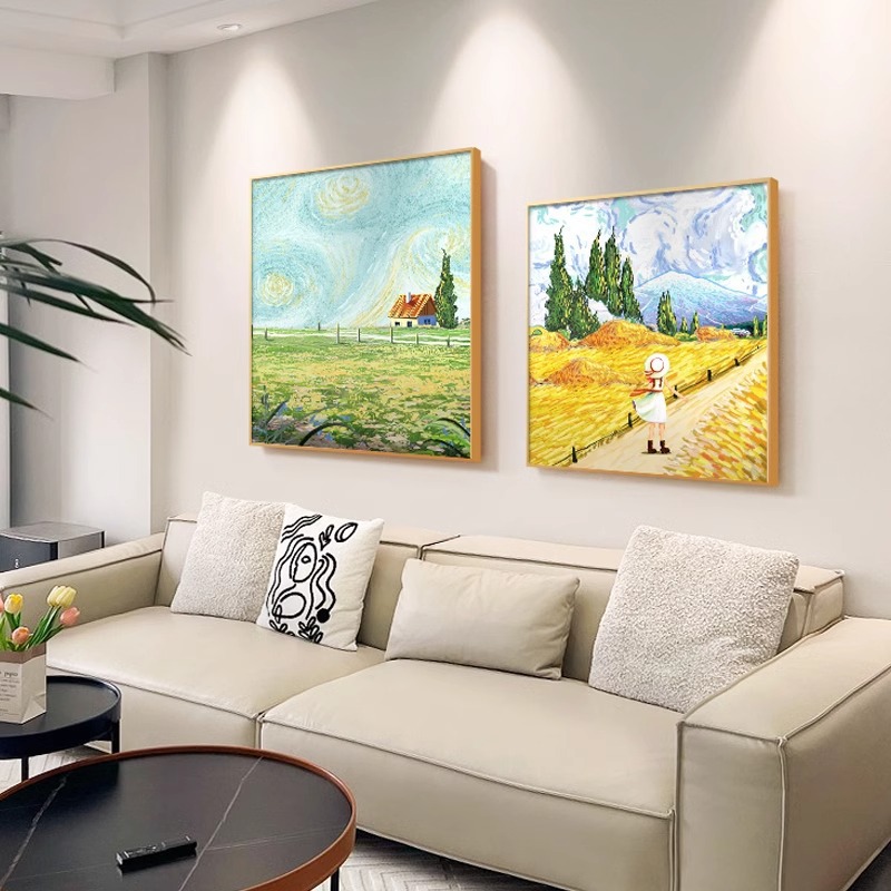 梵高客厅沙发背景墙装饰画方形小清新餐厅挂画田园风主卧床头壁画图片