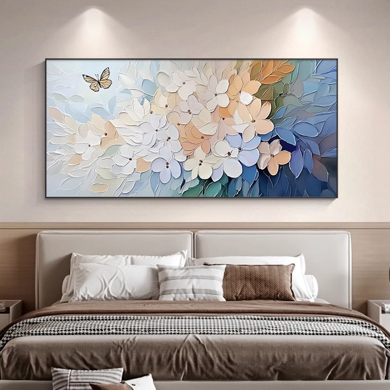 繁花客厅装饰画奶油风沙发背景墙横版挂画肌理感蝴蝶花卉床头壁画图片