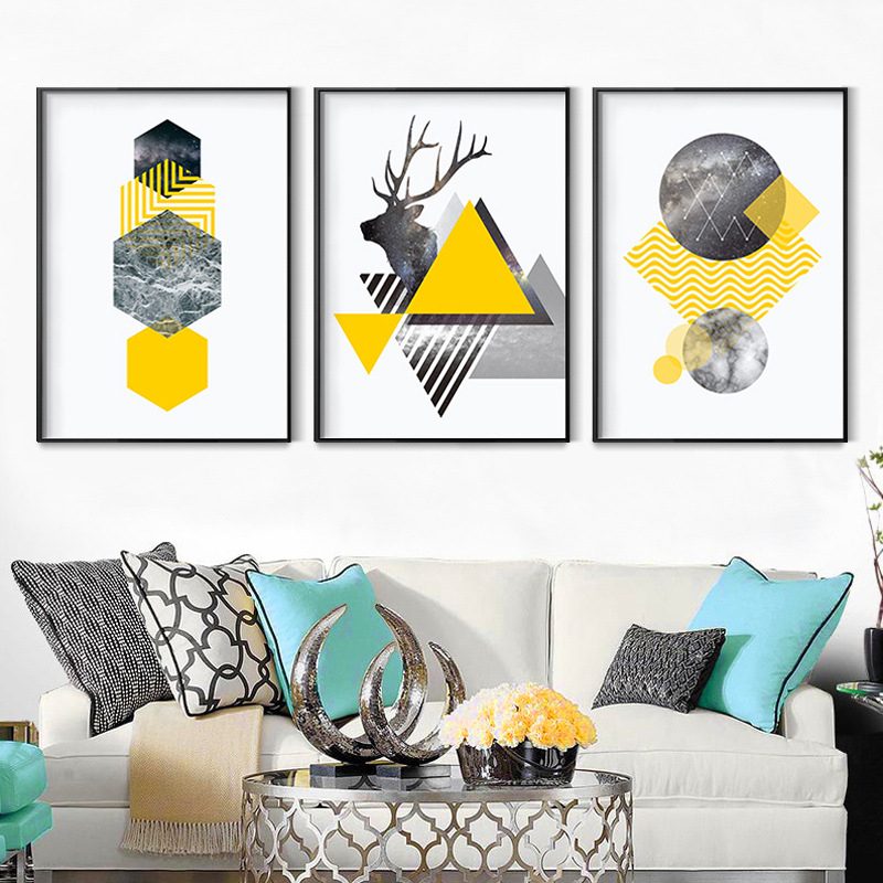 高档北欧轻奢现代简约大气沙发背景墙客厅麋鹿抽象装饰挂画三联画图片