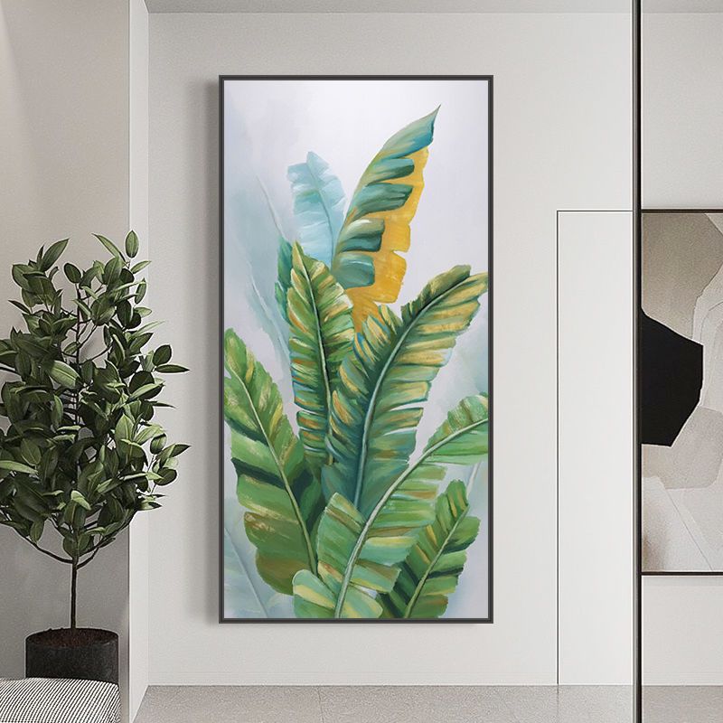 入户玄关装饰画竖版过道走廊挂画大叶有成绿植植物晶瓷镶钻玄关画图片