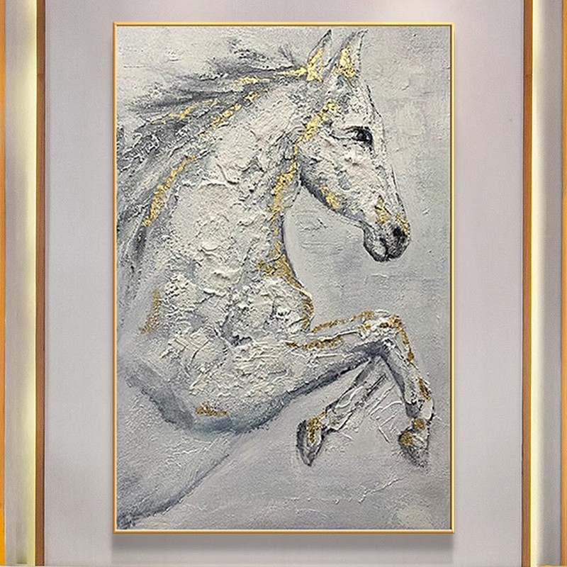 纯手绘油画侘寂风美式客厅装饰画竖版立体轻奢餐厅玄关挂画动物马图片