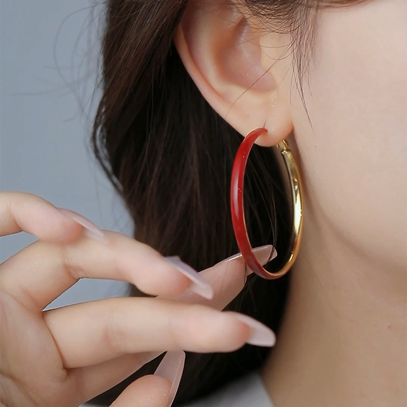 时尚大气红色圈圈耳环小众设计感大圆圈独特个性耳圈港风洋气耳饰