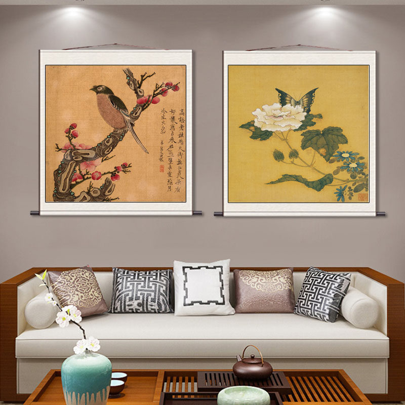 明代花鸟斗方名家仇英挂画卷轴画游船图山水画装饰画电表箱挂画