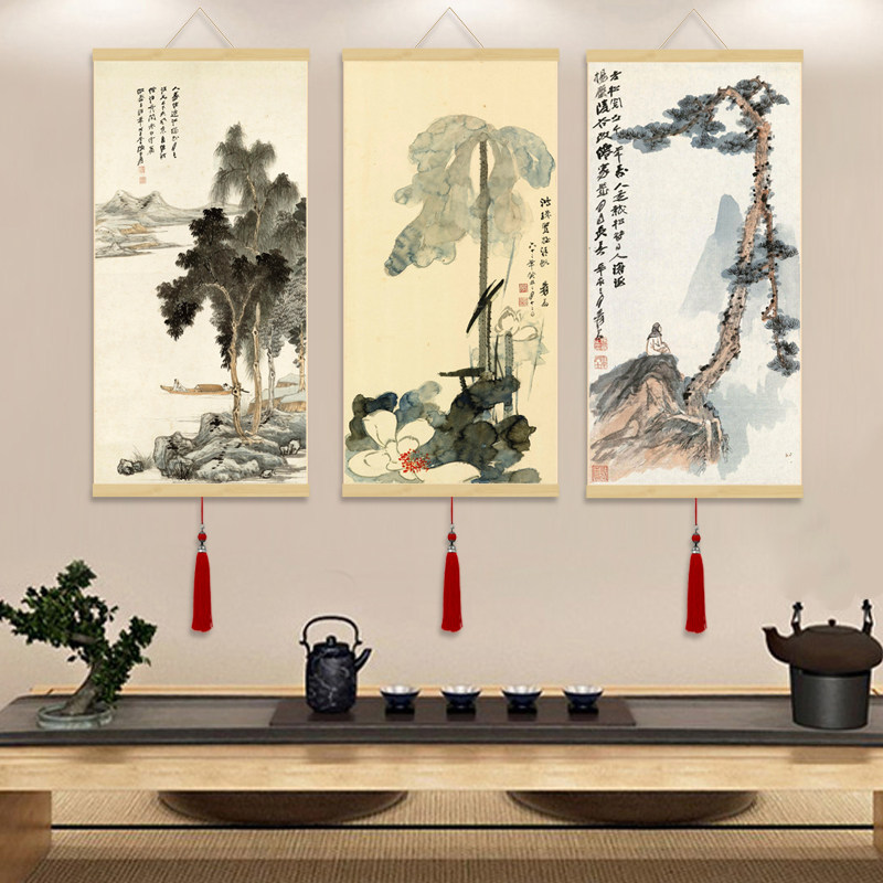 张大千山水画泛舟图新中式实木挂轴轻奢挂画卷轴画山水画绢画国画