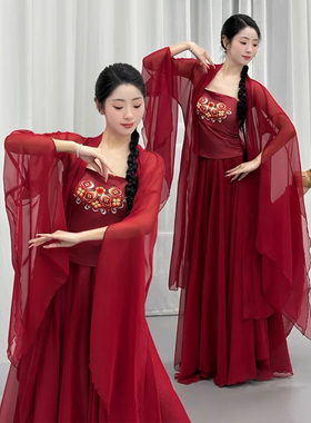 古典舞蹈服装古风大摆裙练功演出服飘逸开衫上衣长款红色纱衣飘逸