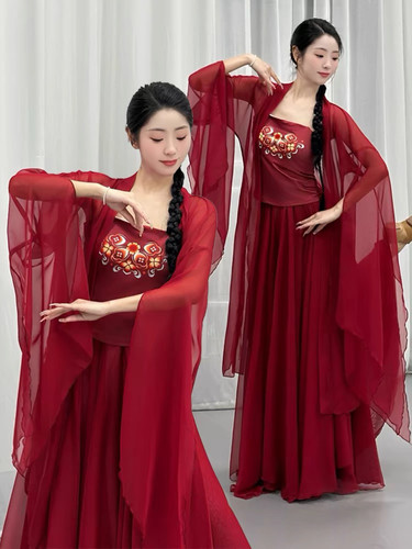 古典舞蹈服装古风大摆裙练功演出服飘逸开衫上衣长款红色纱衣飘逸