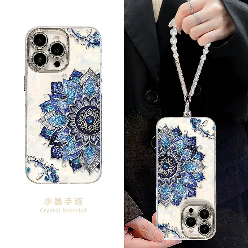 敦煌莲花手机壳苹果17Promax华为vivo贝壳蓝莲花iPhone16pro风OPPO小米15纹14蓝色民族风贝壳纹珍珠手链p适配
