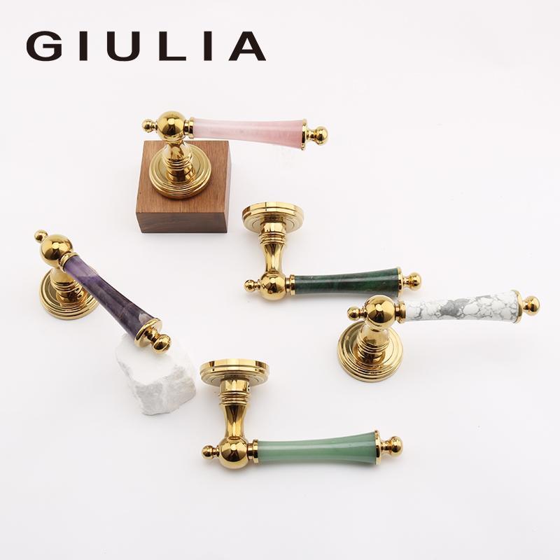 GIULIA意大利锁体紫粉水晶大理石法式金色静音磁吸卧室门锁双开门