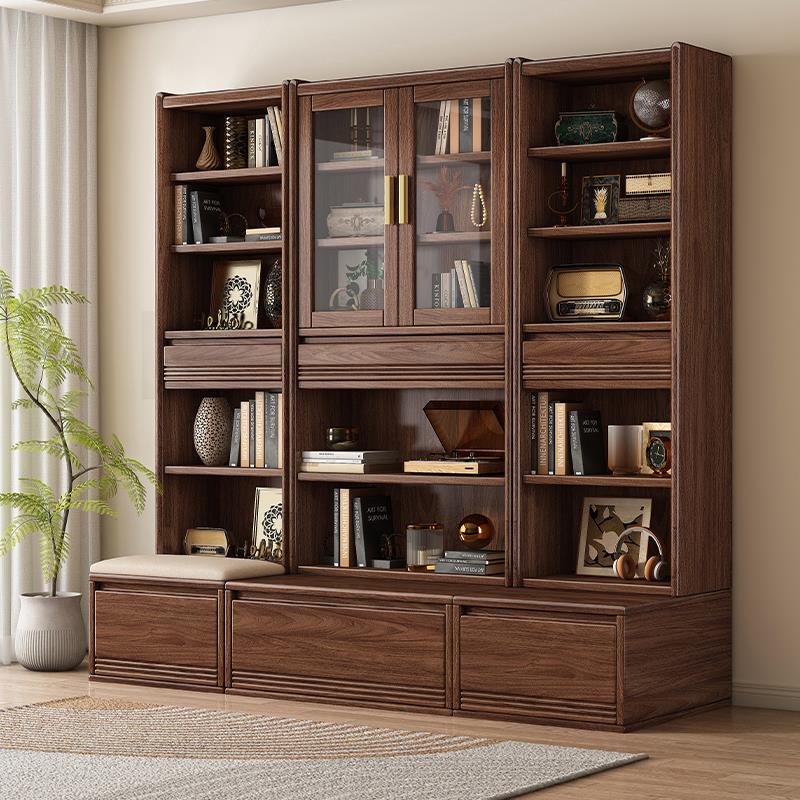 新中式黑胡桃实木书柜墙格子书架玻璃门组合置物柜落地储物展示柜