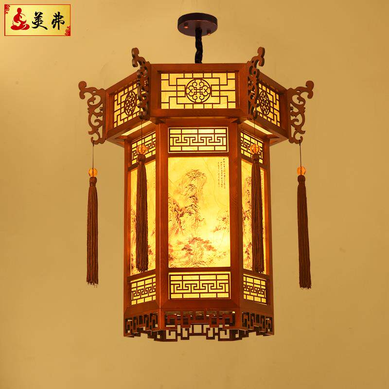 中式仿古宫廷吊灯实木中国风六角宫灯寺庙走廊过道火锅店餐饮灯笼