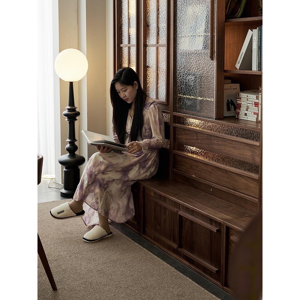 黑胡桃木客厅书柜一体整墙组合书柜复古卡座满墙到顶文案展示柜