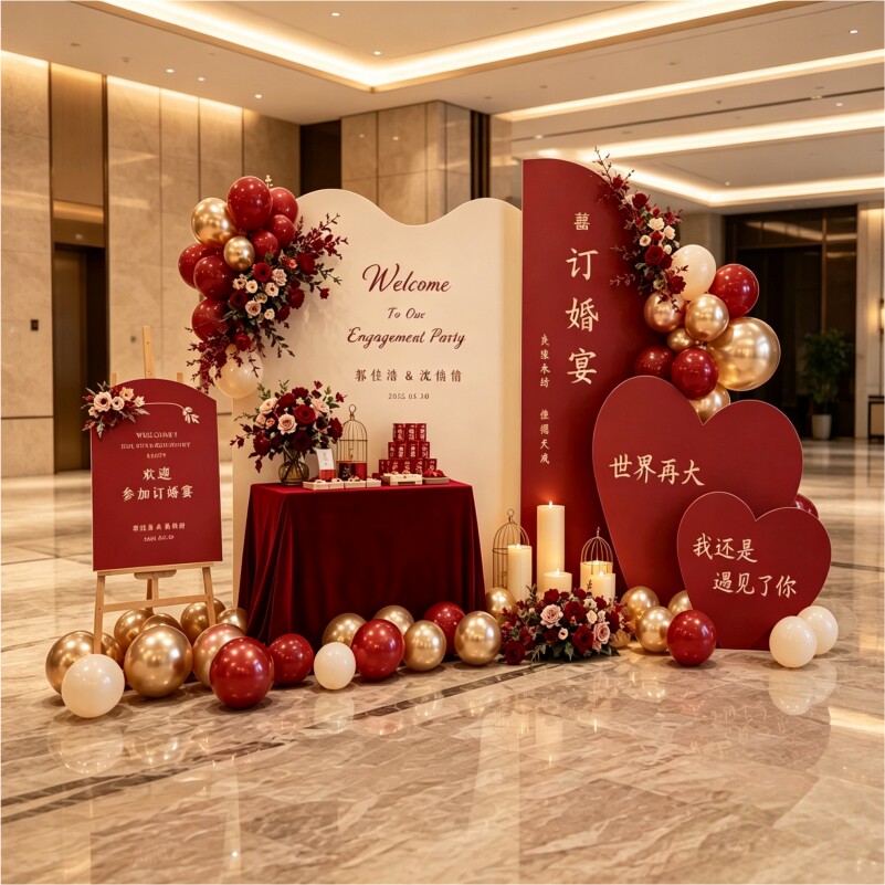 红色订婚布置气球套装红金色KT板背景墙装饰浪漫求婚宴会布置用品