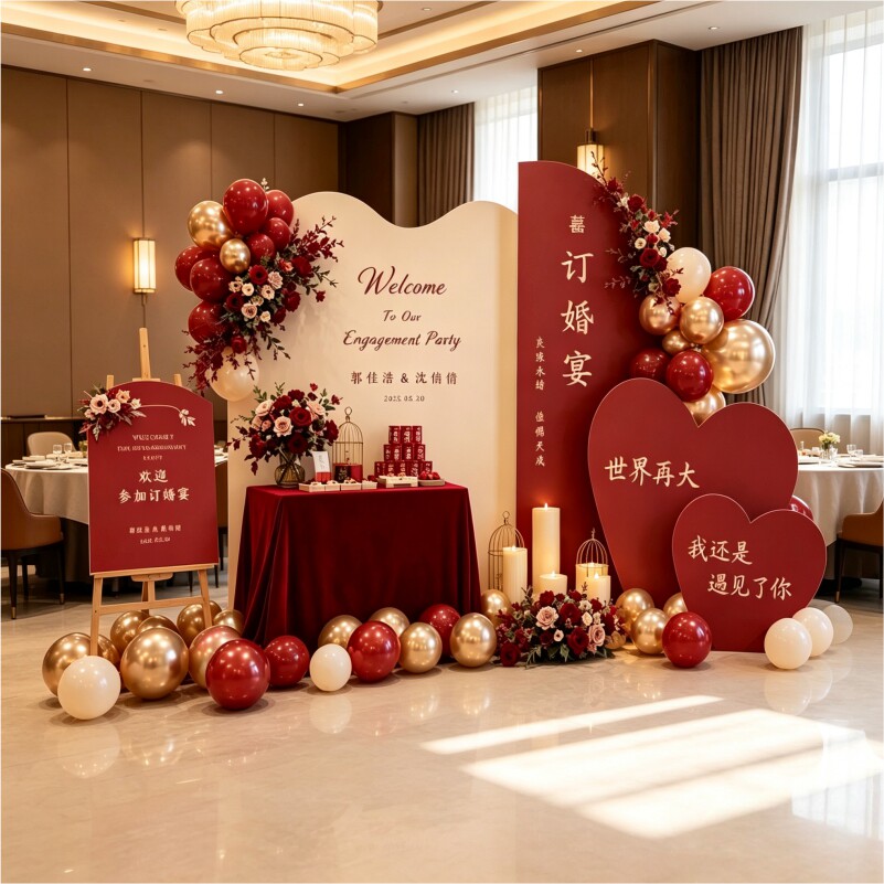 红色婚礼背景墙kt板气球装饰套装韩系喜庆婚礼布置用品装饰摆件