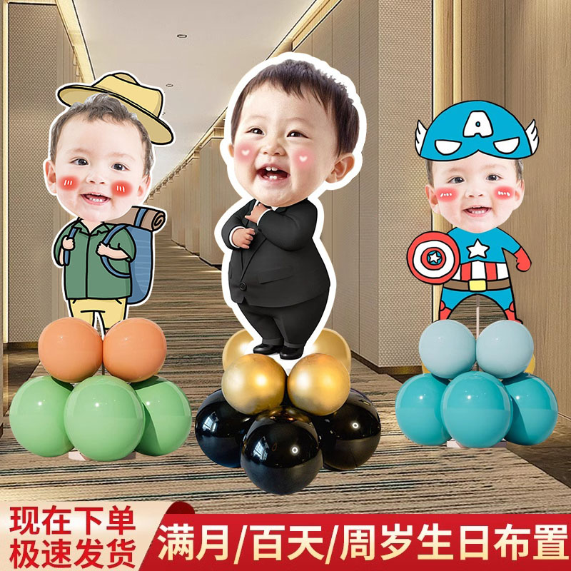 周岁生日布置男女孩卡通气球立柱迎宾牌儿童简约照片定制kt板装饰