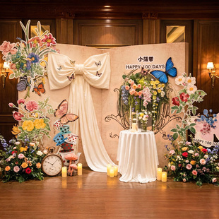儿童生日布置装饰花卉背景板氛围感宝宝周岁白天蝴蝶结kt场景装饰