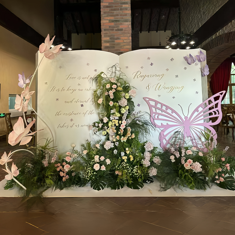 油画花园风蝴蝶书本造型婚礼订婚宴布置装饰全套高级套背景墙kt板图片