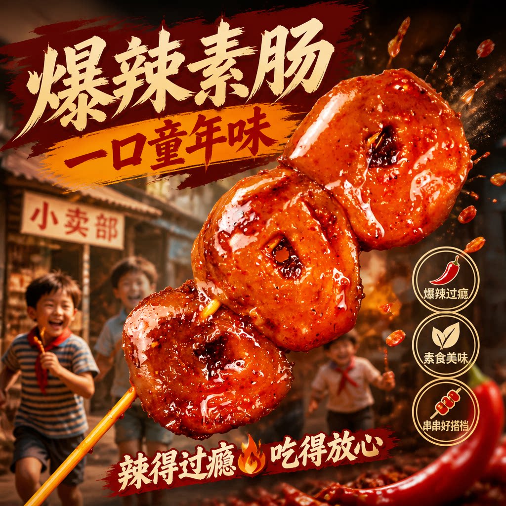 龙祥爆辣素肠辣条素羊肉串网红烤面筋圈老式大辣串麻辣豆干小零食