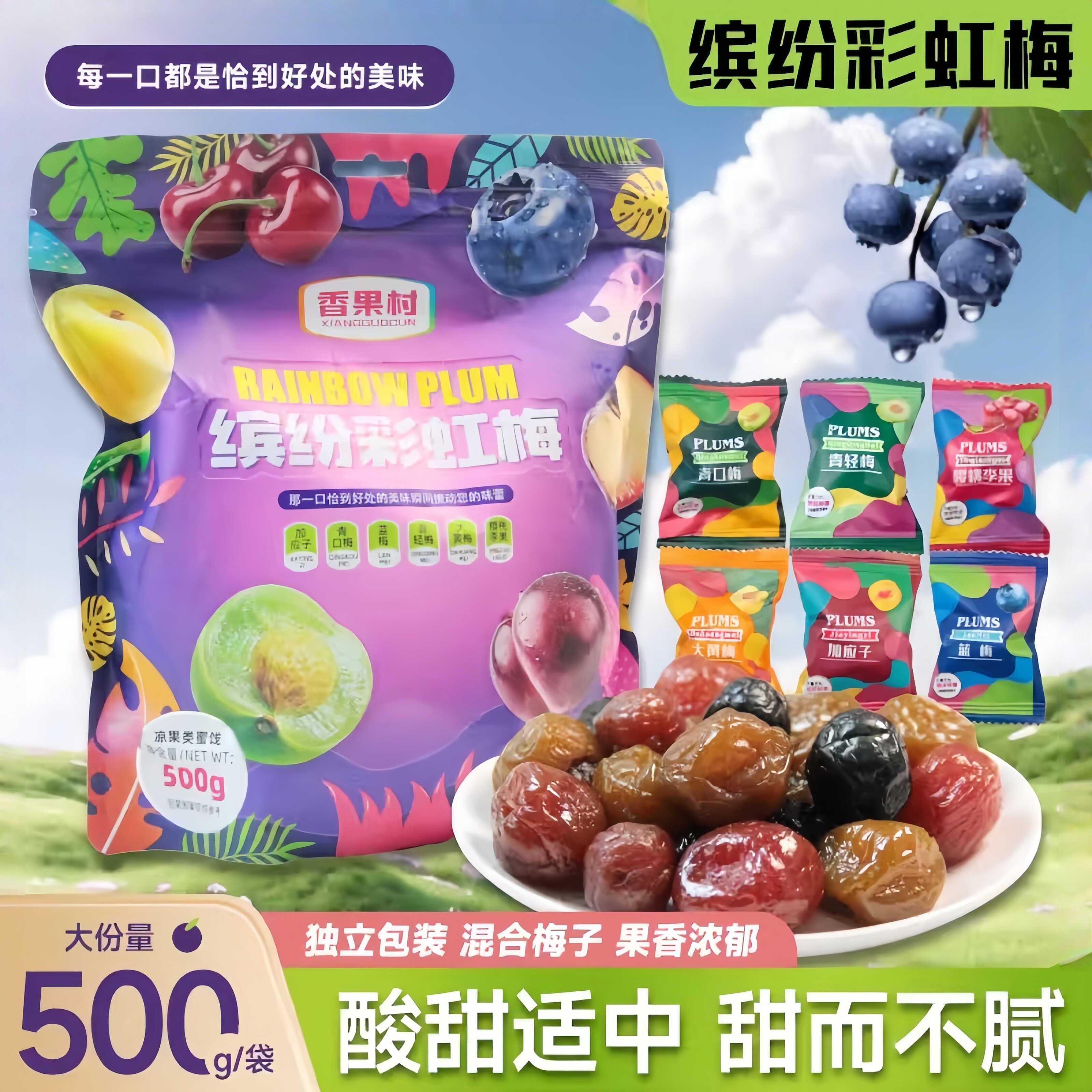 缤纷彩虹梅500g加应子青口梅黄梅李果蜜饯果干组合梅子零食混合装