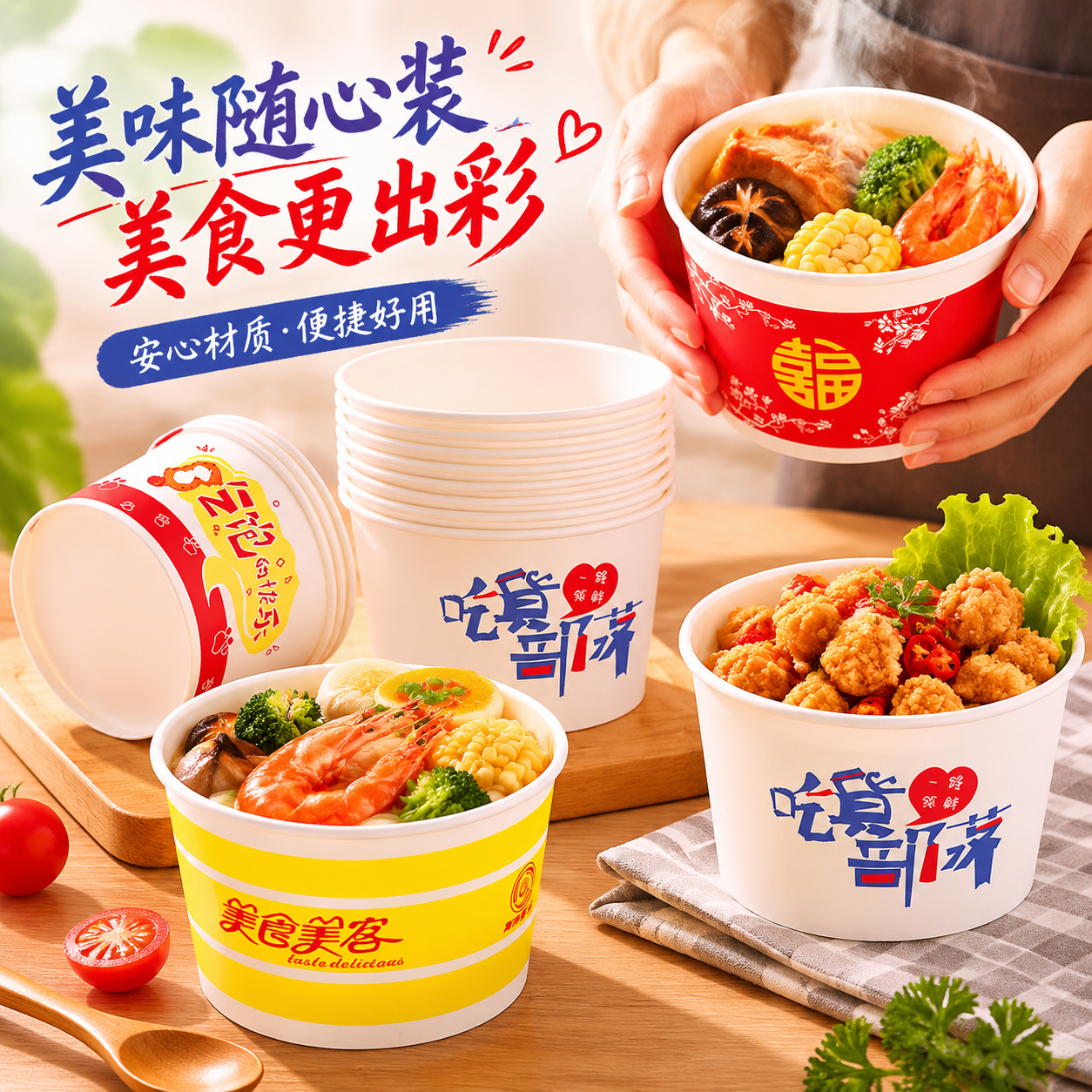 富强一次性纸碗家用圆形外卖加厚泡面打包盒小吃批发烤冷面炸洋芋