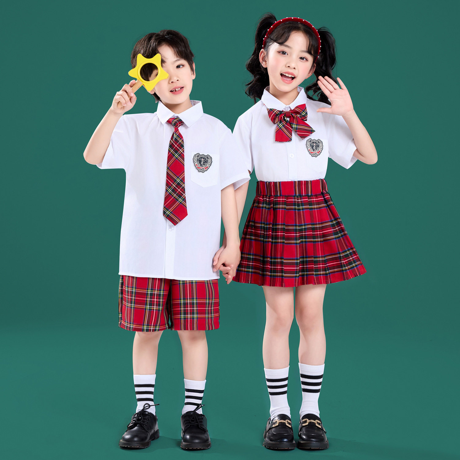儿童啦啦队演出服学院风格子裤衬衫套装小学生班服幼儿园诗歌朗诵