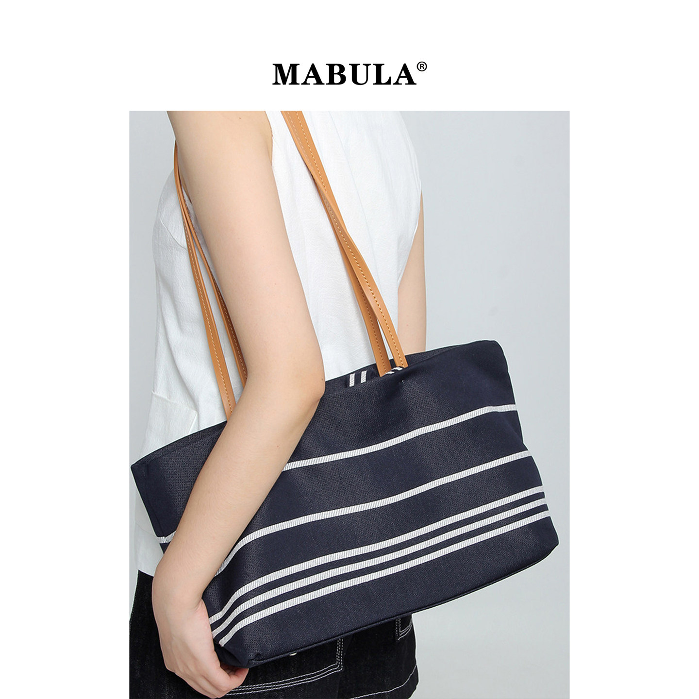 MABULA条纹牛仔帆布托特包女2026春季大容量手提包通勤休闲单肩包,箱包皮具/热销女包/男包,托特包,淘宝优惠券,粉丝福利购,淘宝优惠卷