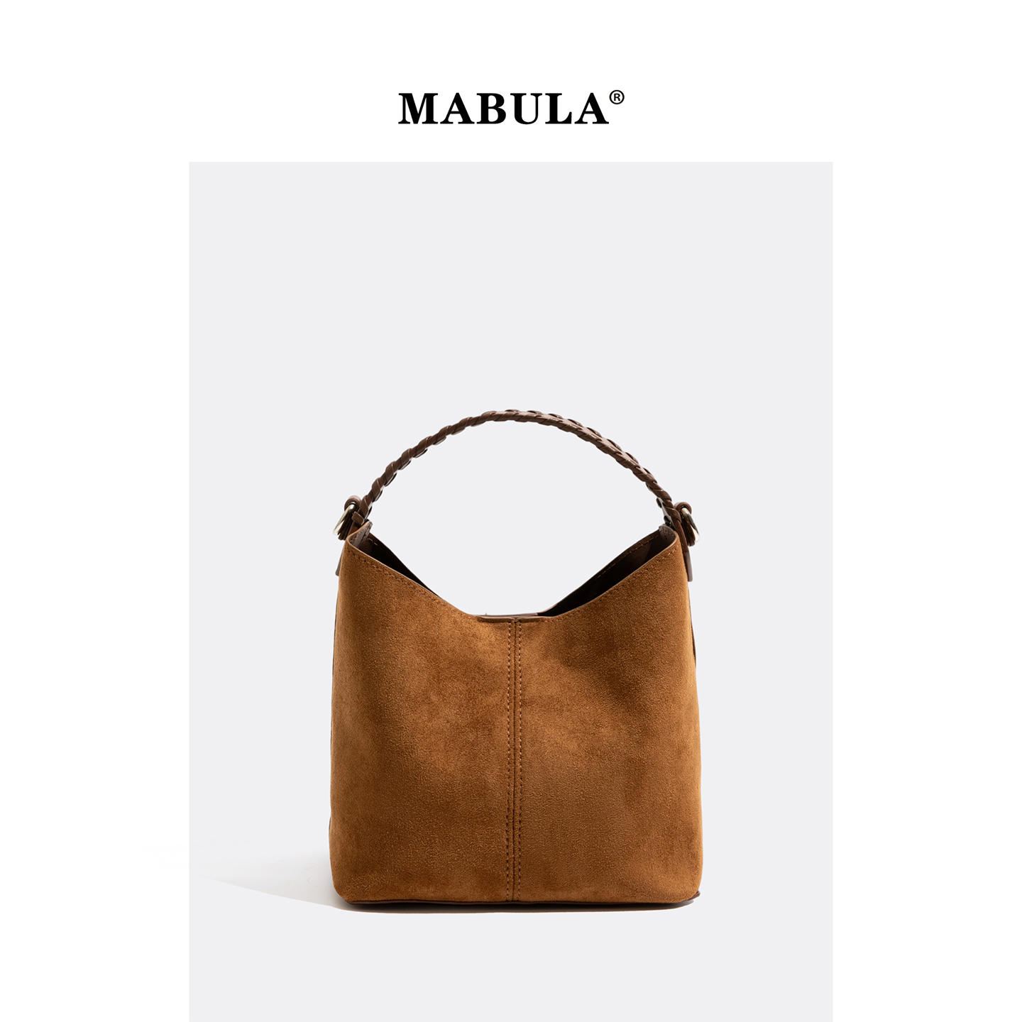 MABULA复古麂皮绒面水桶包女2025秋冬编织手柄手提包时尚斜挎包