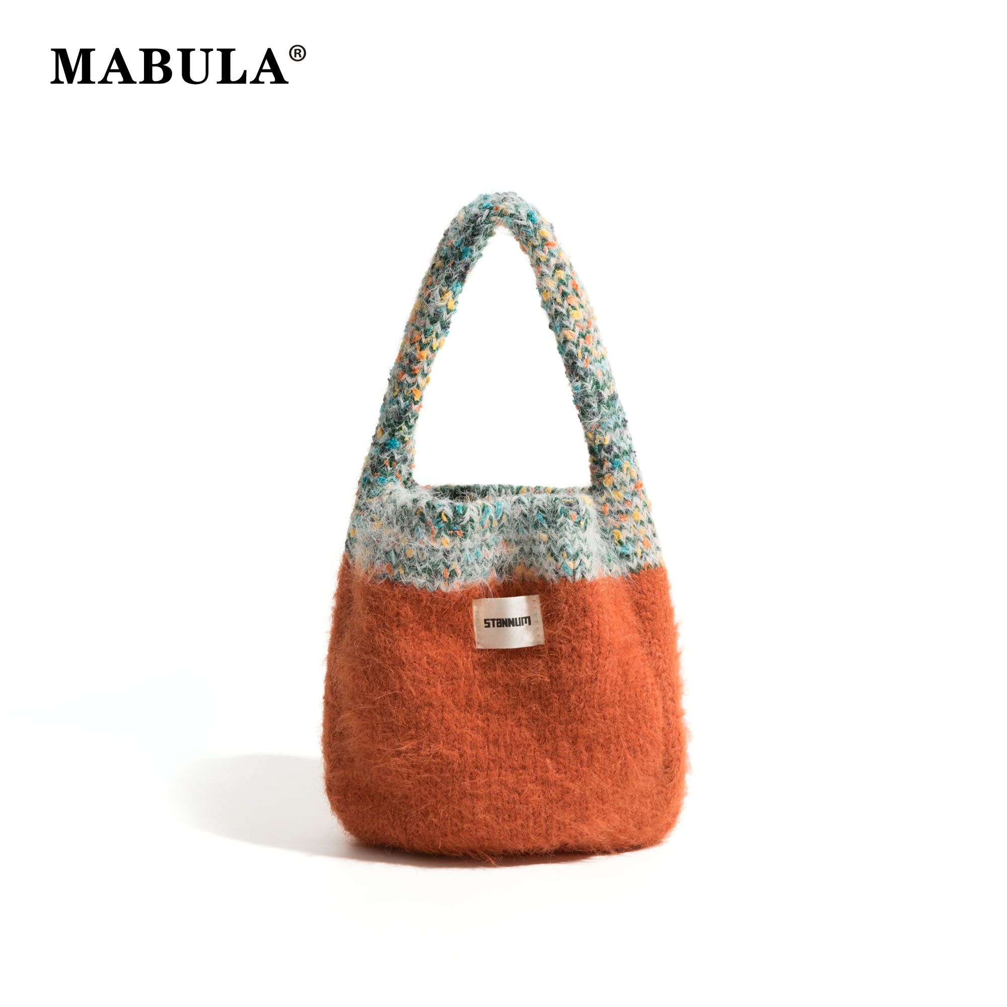 MABULA针织包可爱拼接撞色毛线手提包2025冬季毛茸百搭手拎手机包