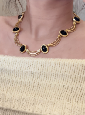 鎏金墨影！复古黑色椭圆耳钉女高级感项链套装宫廷风耳饰配饰品