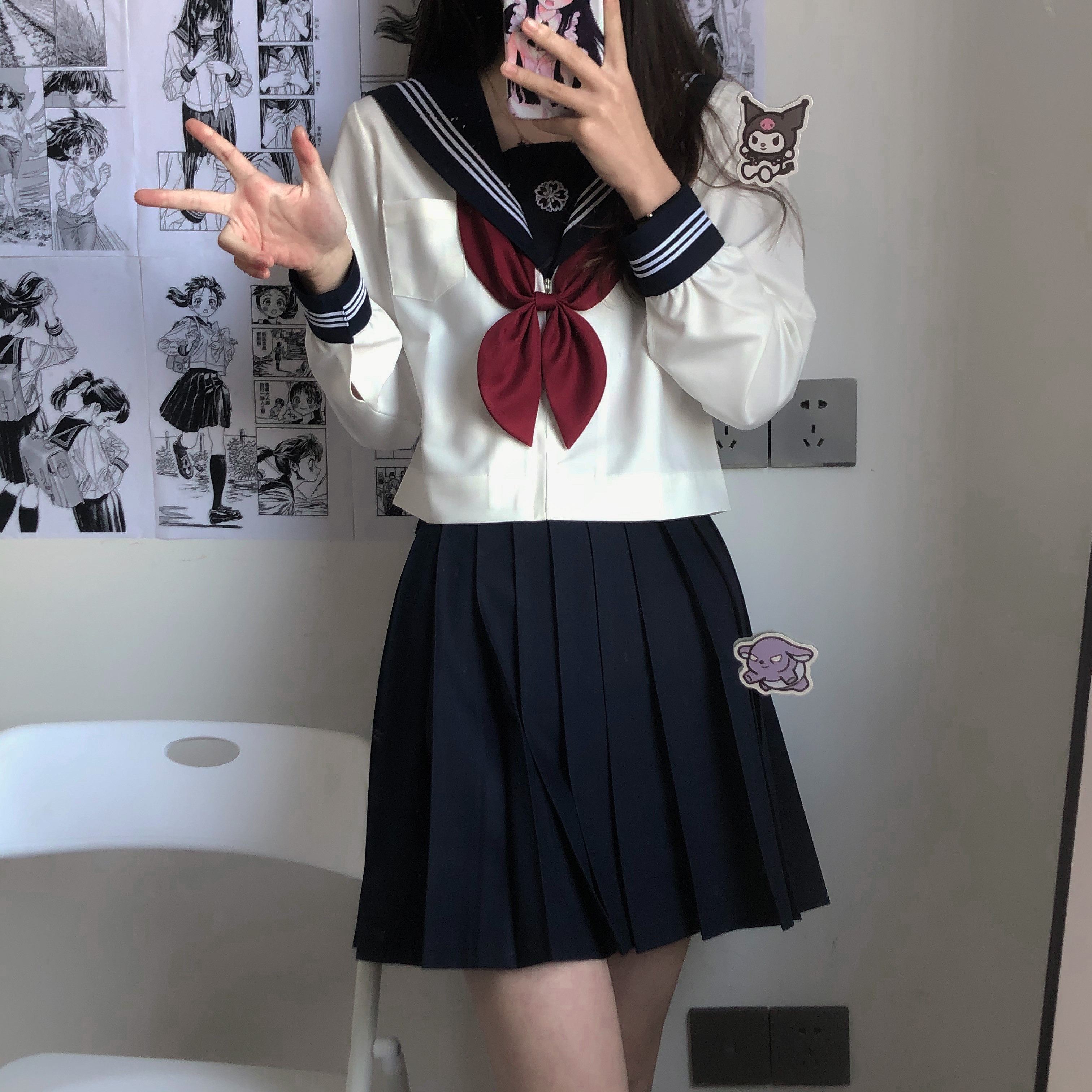 正统jk制服套装关西襟绀领白三本长袖中间服基础款水手服【梦七】