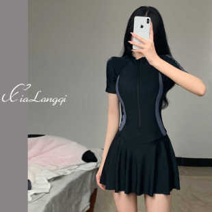 度假游泳衣 显瘦连衣裙式 泳衣女连体运动温泉泳装 简约保守修身