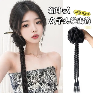 新中式假发辫子侧边马尾女盘发古风旗袍抓夹发包麻花长辫子拳击辫