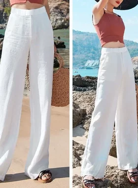 阔腿裤夏薄款休闲裤女韩版宽松棉麻松紧高腰直筒拖地长裤子
