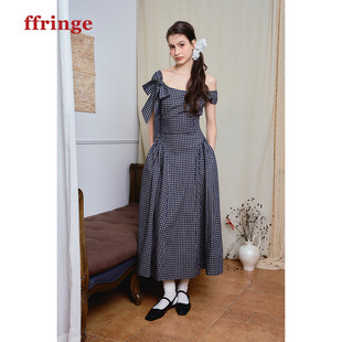 ffringe斜肩绑带深蓝色格纹长裙