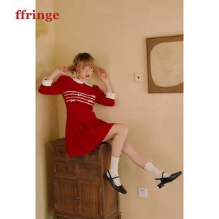 原创设计款 ffringe 红色复古春秋娃娃领丝绒短裙打褶a字连衣裙