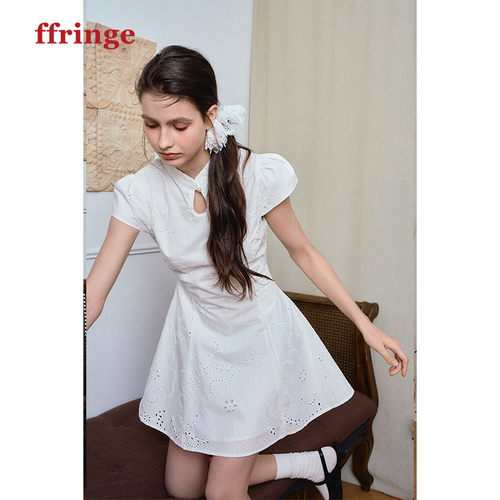 ffringe 新中式白色旗袍短裙夏季原创设计感泡泡袖连衣裙