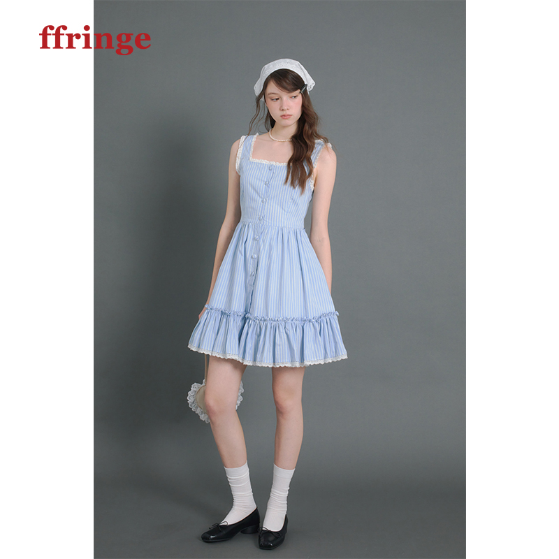 ffringe 原创设计蓝条纹无袖连衣裙蕾丝拼接娃娃裙