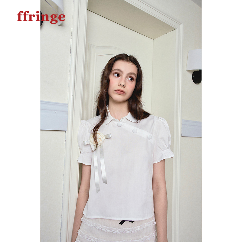 ffringe 原创设计师款白色泡泡袖新中式衬衫短款上衣夏女