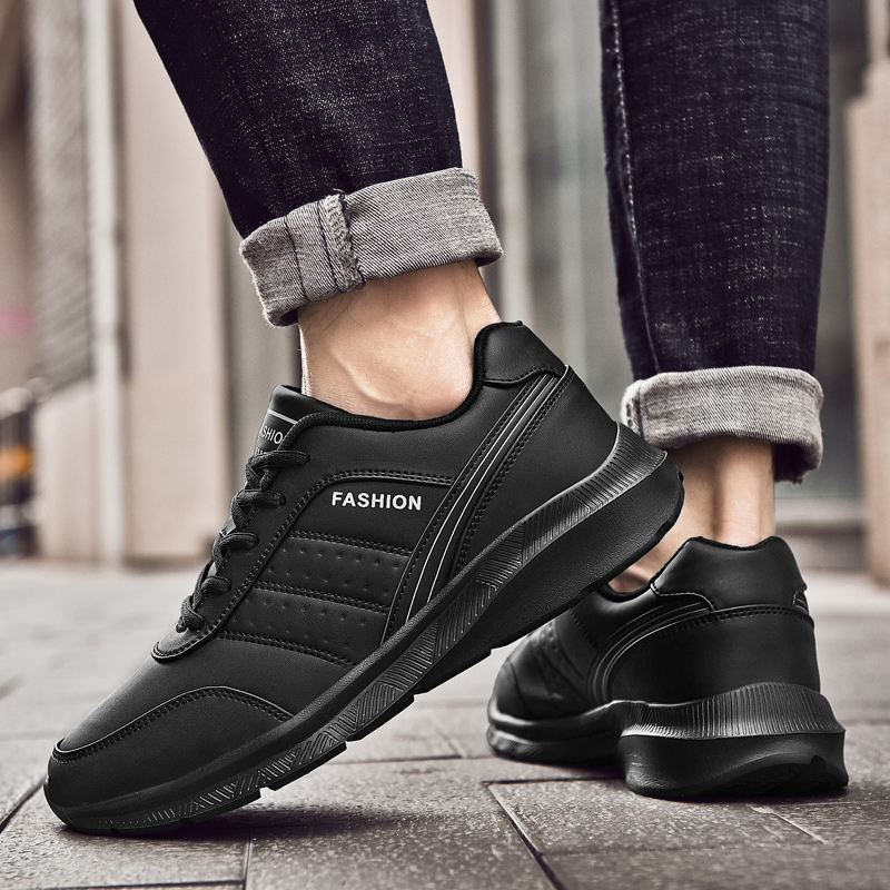 中年男鞋春季防水加绒保暖棉鞋皮面百搭黑色休闲鞋男士轻便工作鞋