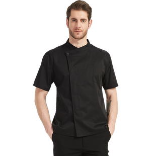 赢信四季纯色防泼厨师服男透气斜领西餐厅工作服现货刺绣长短袖