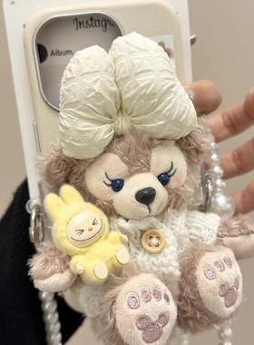 白衣蝴蝶结抱黄色labubu玫玫背夹适用ihone16promax苹果15pro手机壳14新13