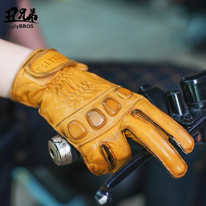 新款uglybros丑兄弟摩托车骑行复古手套防摔做旧哈雷羊皮真皮触屏