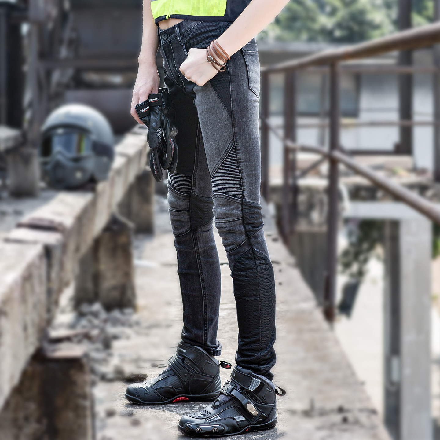 uglybros夏季骑行裤女机车服防摔网眼透气修身摩托车牛仔裤男