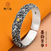 纯银手镯足银999传承款 手工银镶金新中式 牡丹花深雕高工款 银手镯